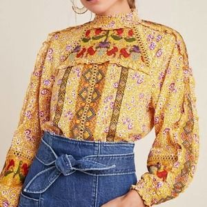 Anthropologie Goldie Embroidered Boho L/S Blouse